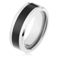 Lesklý prsten z wolframu, dvoubarevné provedení, černý pás, zkosené hrany