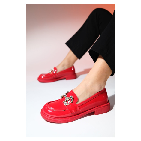 LuviShoes NORMAN Red Patent Leather Stone Buckle Women's Loafer Shoes