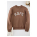 Trendyol Brown Oversize/Wide Cut Hooded Fleece Embroidered Sweatshirt