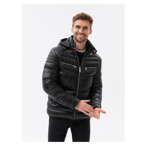 Černá pánská zimní prošívaná bunda s kapucí Ombre Clothing