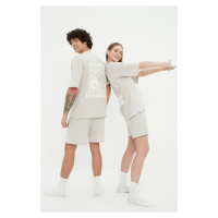Trendyol Gray Unisex 100% Cotton Motto Printed T-shirt-Shorts Knitted Pajamas Set