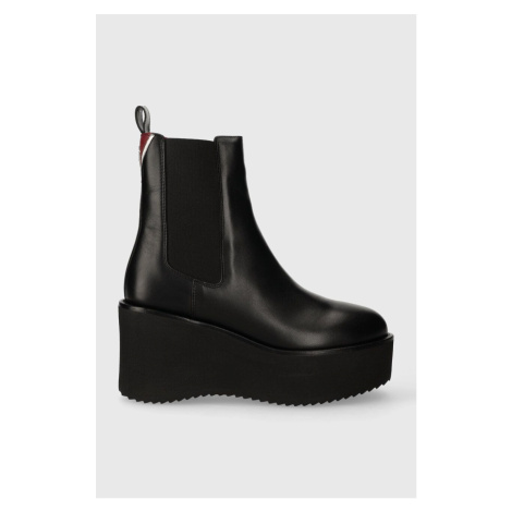 Kožené kotníkové boty Tommy Hilfiger ELEVATED WEDGE BOOTIE dámské, černá barva, na klínku, FW0FW