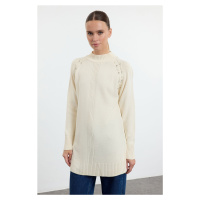 Trendyol Ecru Pearl Detailed Stand Collar Knitwear Sweater