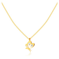 Zlatý 9K náhrdelník - lesklý řetízek, jemný obrys motýlka s hladkým povrchem a čirými zirkony