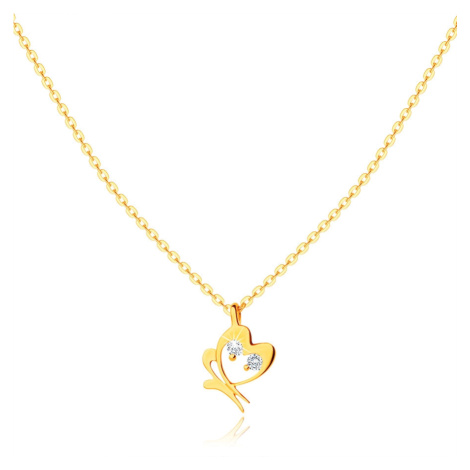 Zlatý 9K náhrdelník - lesklý řetízek, jemný obrys motýlka s hladkým povrchem a čirými zirkony Šperky eshop