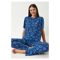 Happiness İstanbul Women's Navy Blue Patterned Viscose Trousers T-Shirt Pajama Set