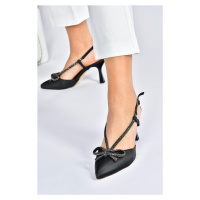 Fox Shoes Women's Black Satin Fabric Stone Detailed Heeled Shoes