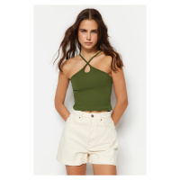 Trendyol Khaki bezešvý přiléhavý crop top s detaily na rukávech