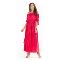 Dlouhé dámské šaty růžové barvy s odhalenými rameny