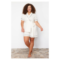 Trendyol Curve Beige Woven Pajama Set with Binding and Piping Detail