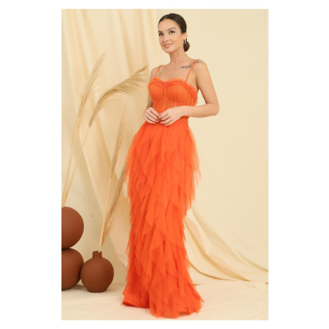 By Saygı Bead Rope Strapless Strapless Handkerchief Fringed Lined Long Tulle Dress