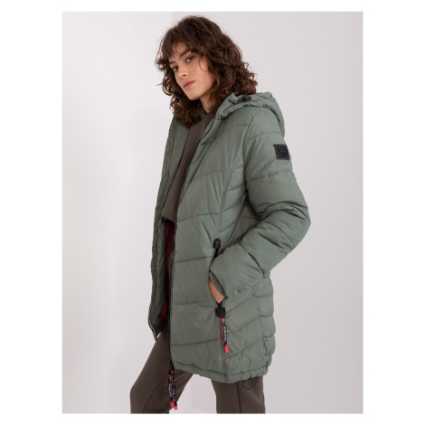Khaki dámská dlouhá prošívaná zimní bunda s kapucí - SUBLEVEL