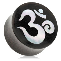 Sedlový plug do ucha ze dřeva černé barvy, duchovní symbol jógy ÓM - Tloušťka : 22 mm