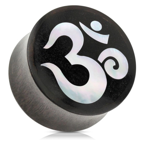 Sedlový plug do ucha ze dřeva černé barvy, duchovní symbol jógy ÓM - Tloušťka : 22 mm Šperky eshop