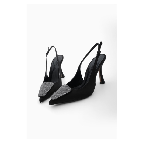 Marjin Women's Pointed Toe Stone Open Back Evening Dress Classic Heeled Shoes Rayisa Black Satin