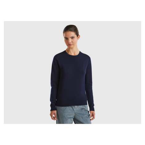 Benetton, Dark Blue Crew Neck Sweater In Merino Wool United Colors of Benetton