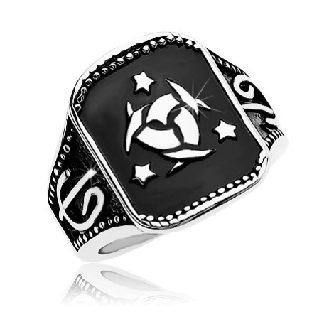 Ocelový prsten, černý obdélník s keltským uzlem a třemi hvězdami Šperky eshop