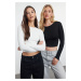 Trendyol Black-Ecru Double Pack Crop/Short Fitted Knitted Blouse