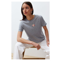 Trendyol Gray Melange Embroidered Regular/Normal Pattern Knitted T-Shirt