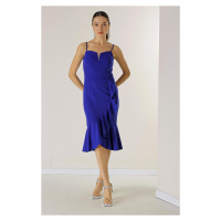 By Saygı Flounce Lined Crepe Dress with Rope Strap Skirt