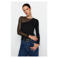 Trendyol Black Tulle Detailed Knitted Body with Snap fastener