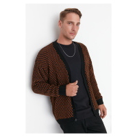Trendyol Cinnamon Men's Oversize Fit Wide Fit V-neck Checkered Pattern Knitwear Cardigan