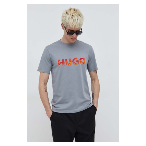 Bavlněné tričko HUGO šedá barva, s potiskem Hugo Boss