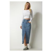 Happiness İstanbul Women's Ice Blue Slit and Tasseled Denim Skirt