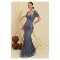 By Saygı Strapless Low Sleeve Lined SilveryFlock Printed Long Mermaid Dress