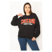 Şans Women's Plus Size Black Sweatshirt with Embroidery Detail and Ribbed