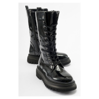 LuviShoes PIOLA Black Wrinkled Patent Leather Laced Zipper Women's Ankle Boots