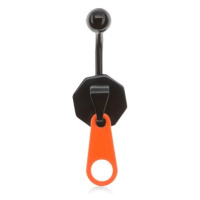 Černý ocelový piercing do pupíku, zip s neonově oranžovým jazýčkem