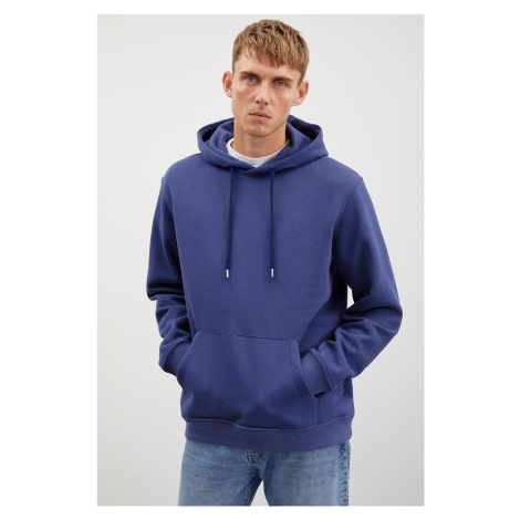 GRIMELANGE Jorge Men's Soft Hooded Organic Cotton Kangaroo Pocket Regular Navy Blue Sweatshirt