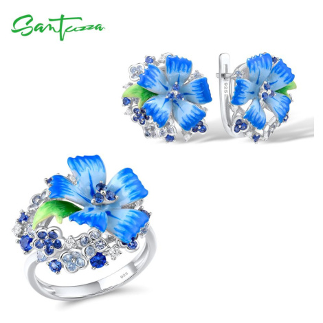 Stříbrný set masivní prsten a náušnice světle modré květiny FanTurra