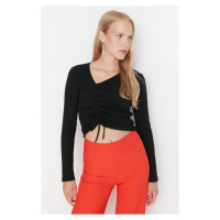 Trendyol Black Shirred Detail Fitted/Sleeping Crop Asymmetrical Collar Ribbed Stretch Knit Blous