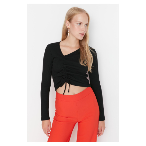 Trendyol Black Shirred Detail Fitted/Sleeping Crop Asymmetrical Collar Ribbed Stretch Knit Blous
