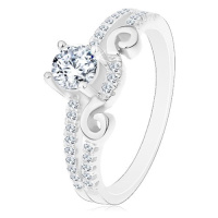 Stříbrný 925 prsten, rozdělená ramena, zirkon, ornament a zirkonová linie