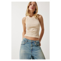 Happiness İstanbul Women's Cream Stone Embroidered Crop Knitwear Blouse