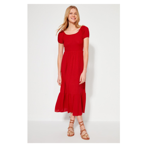 Trendyol Red Carmen Collar A-Line Maxi pletené šaty