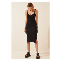 Happiness İstanbul Women's Black Strappy Slit Knitted Dress