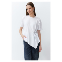 Trendyol White 100% Cotton Asymmetrical Knitted T-Shirt with Gold Accessory Detail