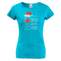 Dámské vánoční tričko s potiskem vína a nápisem Drink and be merry