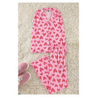 Trendyol Pink 100% Cotton Leopard Heart Patterned Shirt Pants Knitted Pajama Set