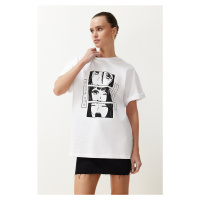 Trendyol White Printed Oversize/Wide Fit 100% Cotton Knitted T-Shirt