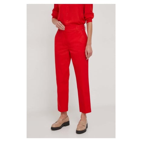 Kalhoty Tommy Hilfiger dámské, červená barva, jednoduché, high waist, WW0WW40504