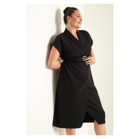 Lafaba Women's Black Double Breasted Neck Belted Plus Size Midi Dress