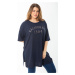 Şans Women's Plus Size Navy Blue Stone And Glitter Detailed Blouse with Side Slit