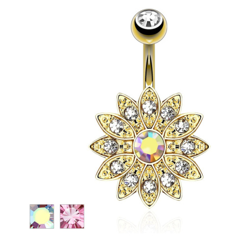 Piercing do pupíku, ocel 316L, zlatá barva, třpytivý zirkonový květ - Barva piercing: Růžová Šperky eshop