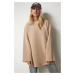 Happiness İstanbul Women's Camel Charm Oversize Knitted Sweatshirt