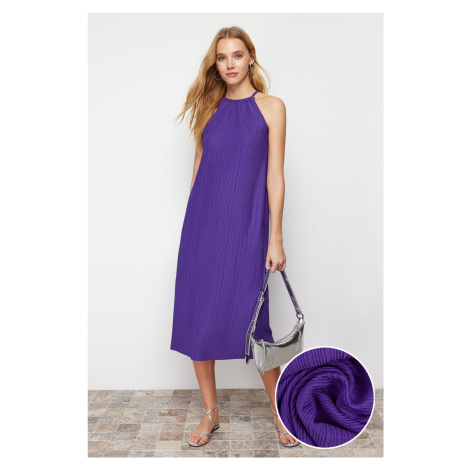 Trendyol Purple Shift/Straight Zero Sleeve Midi Pleated Knitted Dress